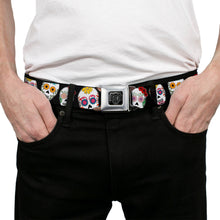 Load image into Gallery viewer, BD Wings Logo CLOSE-UP Full Color Black Silver Seatbelt Belt - Sugar Skull Outline Black/Multi Color Webbing