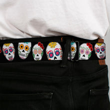 Load image into Gallery viewer, BD Wings Logo CLOSE-UP Full Color Black Silver Seatbelt Belt - Sugar Skull Outline Black/Multi Color Webbing