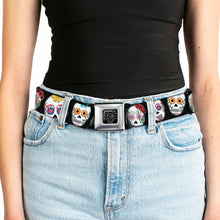 Load image into Gallery viewer, BD Wings Logo CLOSE-UP Full Color Black Silver Seatbelt Belt - Sugar Skull Outline Black/Multi Color Webbing