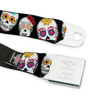 Load image into Gallery viewer, BD Wings Logo CLOSE-UP Full Color Black Silver Seatbelt Belt - Sugar Skull Outline Black/Multi Color Webbing