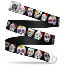 Load image into Gallery viewer, BD Wings Logo CLOSE-UP Full Color Black Silver Seatbelt Belt - Sugar Skull Outline Black/Multi Color Webbing