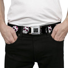 Load image into Gallery viewer, BD Wings Logo CLOSE-UP Black/Silver Seatbelt Belt - Sugar Skulls Scattered Black/White/Fuchsia Webbing