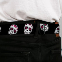 Load image into Gallery viewer, BD Wings Logo CLOSE-UP Black/Silver Seatbelt Belt - Sugar Skulls Scattered Black/White/Fuchsia Webbing