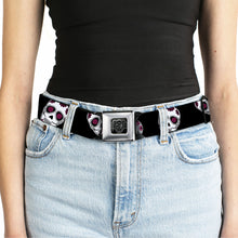 Load image into Gallery viewer, BD Wings Logo CLOSE-UP Black/Silver Seatbelt Belt - Sugar Skulls Scattered Black/White/Fuchsia Webbing