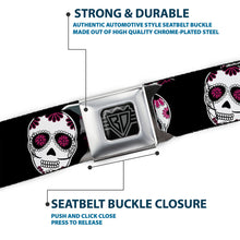 Load image into Gallery viewer, BD Wings Logo CLOSE-UP Black/Silver Seatbelt Belt - Sugar Skulls Scattered Black/White/Fuchsia Webbing