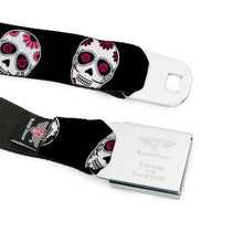Load image into Gallery viewer, BD Wings Logo CLOSE-UP Black/Silver Seatbelt Belt - Sugar Skulls Scattered Black/White/Fuchsia Webbing