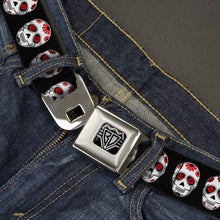 Load image into Gallery viewer, BD Wings Logo CLOSE-UP Full Color Black Silver Seatbelt Belt - Sugar Skulls Black/White/Red Webbing