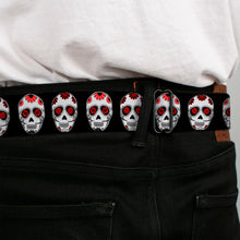 Load image into Gallery viewer, BD Wings Logo CLOSE-UP Full Color Black Silver Seatbelt Belt - Sugar Skulls Black/White/Red Webbing