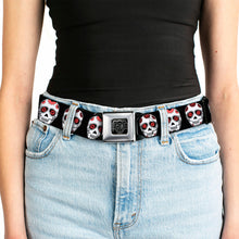 Load image into Gallery viewer, BD Wings Logo CLOSE-UP Full Color Black Silver Seatbelt Belt - Sugar Skulls Black/White/Red Webbing