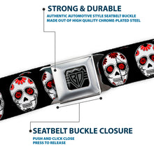 Load image into Gallery viewer, BD Wings Logo CLOSE-UP Full Color Black Silver Seatbelt Belt - Sugar Skulls Black/White/Red Webbing