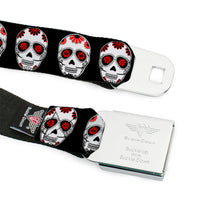 Load image into Gallery viewer, BD Wings Logo CLOSE-UP Full Color Black Silver Seatbelt Belt - Sugar Skulls Black/White/Red Webbing