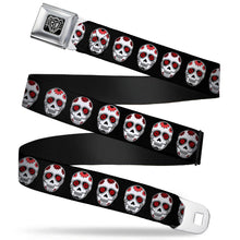 Load image into Gallery viewer, BD Wings Logo CLOSE-UP Full Color Black Silver Seatbelt Belt - Sugar Skulls Black/White/Red Webbing
