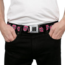 Load image into Gallery viewer, BD Wings Logo CLOSE-UP Black/Silver Seatbelt Belt - Sugar Skulls Black/White/Fuchsia Webbing