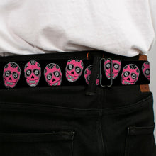 Load image into Gallery viewer, BD Wings Logo CLOSE-UP Black/Silver Seatbelt Belt - Sugar Skulls Black/White/Fuchsia Webbing