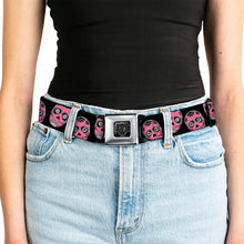 Load image into Gallery viewer, BD Wings Logo CLOSE-UP Black/Silver Seatbelt Belt - Sugar Skulls Black/White/Fuchsia Webbing