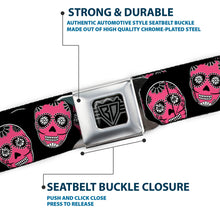 Load image into Gallery viewer, BD Wings Logo CLOSE-UP Black/Silver Seatbelt Belt - Sugar Skulls Black/White/Fuchsia Webbing