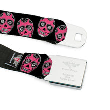 Load image into Gallery viewer, BD Wings Logo CLOSE-UP Black/Silver Seatbelt Belt - Sugar Skulls Black/White/Fuchsia Webbing