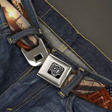 Load image into Gallery viewer, BD Wings Logo CLOSE-UP Full Color Black Silver Seatbelt Belt - Surfboard Cali Scenes/US Flag Stacked Brown Webbing
