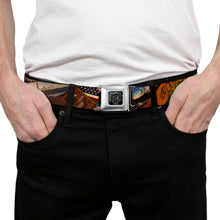 Load image into Gallery viewer, BD Wings Logo CLOSE-UP Full Color Black Silver Seatbelt Belt - Surfboard Cali Scenes/US Flag Stacked Brown Webbing