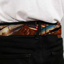 Load image into Gallery viewer, BD Wings Logo CLOSE-UP Full Color Black Silver Seatbelt Belt - Surfboard Cali Scenes/US Flag Stacked Brown Webbing