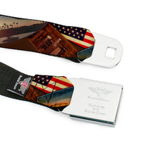 Load image into Gallery viewer, BD Wings Logo CLOSE-UP Full Color Black Silver Seatbelt Belt - Surfboard Cali Scenes/US Flag Stacked Brown Webbing