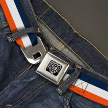 Load image into Gallery viewer, BD Wings Logo CLOSE-UP Full Color Black Silver Seatbelt Belt - Stripe Navy/White/Orange Webbing