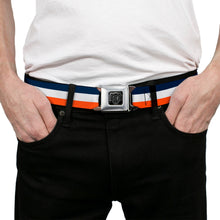 Load image into Gallery viewer, BD Wings Logo CLOSE-UP Full Color Black Silver Seatbelt Belt - Stripe Navy/White/Orange Webbing