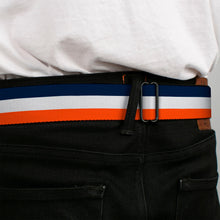 Load image into Gallery viewer, BD Wings Logo CLOSE-UP Full Color Black Silver Seatbelt Belt - Stripe Navy/White/Orange Webbing