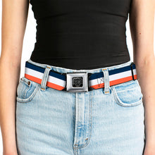 Load image into Gallery viewer, BD Wings Logo CLOSE-UP Full Color Black Silver Seatbelt Belt - Stripe Navy/White/Orange Webbing