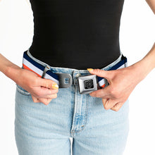Load image into Gallery viewer, BD Wings Logo CLOSE-UP Full Color Black Silver Seatbelt Belt - Stripe Navy/White/Orange Webbing