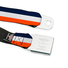 Load image into Gallery viewer, BD Wings Logo CLOSE-UP Full Color Black Silver Seatbelt Belt - Stripe Navy/White/Orange Webbing