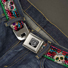 Load image into Gallery viewer, BD Wings Logo CLOSE-UP Full Color Black Silver Seatbelt Belt - Sugar Skulls Zarape Multi Color Webbing