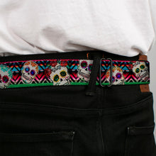 Load image into Gallery viewer, BD Wings Logo CLOSE-UP Full Color Black Silver Seatbelt Belt - Sugar Skulls Zarape Multi Color Webbing