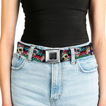 Load image into Gallery viewer, BD Wings Logo CLOSE-UP Full Color Black Silver Seatbelt Belt - Sugar Skulls Zarape Multi Color Webbing