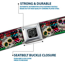 Load image into Gallery viewer, BD Wings Logo CLOSE-UP Full Color Black Silver Seatbelt Belt - Sugar Skulls Zarape Multi Color Webbing