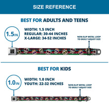 Load image into Gallery viewer, BD Wings Logo CLOSE-UP Full Color Black Silver Seatbelt Belt - Sugar Skulls Zarape Multi Color Webbing