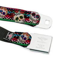 Load image into Gallery viewer, BD Wings Logo CLOSE-UP Full Color Black Silver Seatbelt Belt - Sugar Skulls Zarape Multi Color Webbing