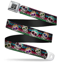 Load image into Gallery viewer, BD Wings Logo CLOSE-UP Full Color Black Silver Seatbelt Belt - Sugar Skulls Zarape Multi Color Webbing