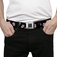 Load image into Gallery viewer, BD Wings Logo CLOSE-UP Black/Silver Seatbelt Belt - Staggered Sugar Skulls Black/Pink/White Webbing