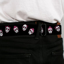 Load image into Gallery viewer, BD Wings Logo CLOSE-UP Black/Silver Seatbelt Belt - Staggered Sugar Skulls Black/Pink/White Webbing