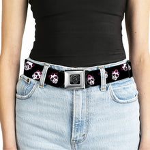 Load image into Gallery viewer, BD Wings Logo CLOSE-UP Black/Silver Seatbelt Belt - Staggered Sugar Skulls Black/Pink/White Webbing