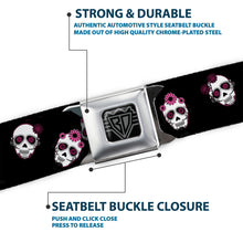 Load image into Gallery viewer, BD Wings Logo CLOSE-UP Black/Silver Seatbelt Belt - Staggered Sugar Skulls Black/Pink/White Webbing