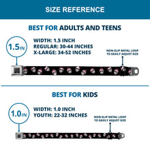 Load image into Gallery viewer, BD Wings Logo CLOSE-UP Black/Silver Seatbelt Belt - Staggered Sugar Skulls Black/Pink/White Webbing