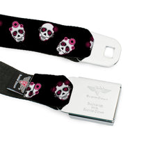 Load image into Gallery viewer, BD Wings Logo CLOSE-UP Black/Silver Seatbelt Belt - Staggered Sugar Skulls Black/Pink/White Webbing