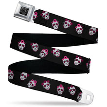 Load image into Gallery viewer, BD Wings Logo CLOSE-UP Black/Silver Seatbelt Belt - Staggered Sugar Skulls Black/Pink/White Webbing