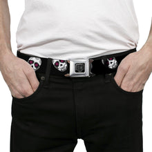 Load image into Gallery viewer, BD Wings Logo CLOSE-UP Black/Silver Seatbelt Belt - Staggered Sugar Skulls Black/White/Pink Webbing