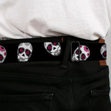 Load image into Gallery viewer, BD Wings Logo CLOSE-UP Black/Silver Seatbelt Belt - Staggered Sugar Skulls Black/White/Pink Webbing
