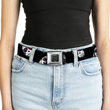 Load image into Gallery viewer, BD Wings Logo CLOSE-UP Black/Silver Seatbelt Belt - Staggered Sugar Skulls Black/White/Pink Webbing