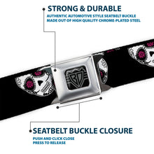 Load image into Gallery viewer, BD Wings Logo CLOSE-UP Black/Silver Seatbelt Belt - Staggered Sugar Skulls Black/White/Pink Webbing