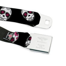 Load image into Gallery viewer, BD Wings Logo CLOSE-UP Black/Silver Seatbelt Belt - Staggered Sugar Skulls Black/White/Pink Webbing